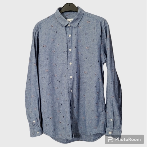 Frank + Oak chambray denim cotton print long sleeve button front shirt - Picture 2 of 11